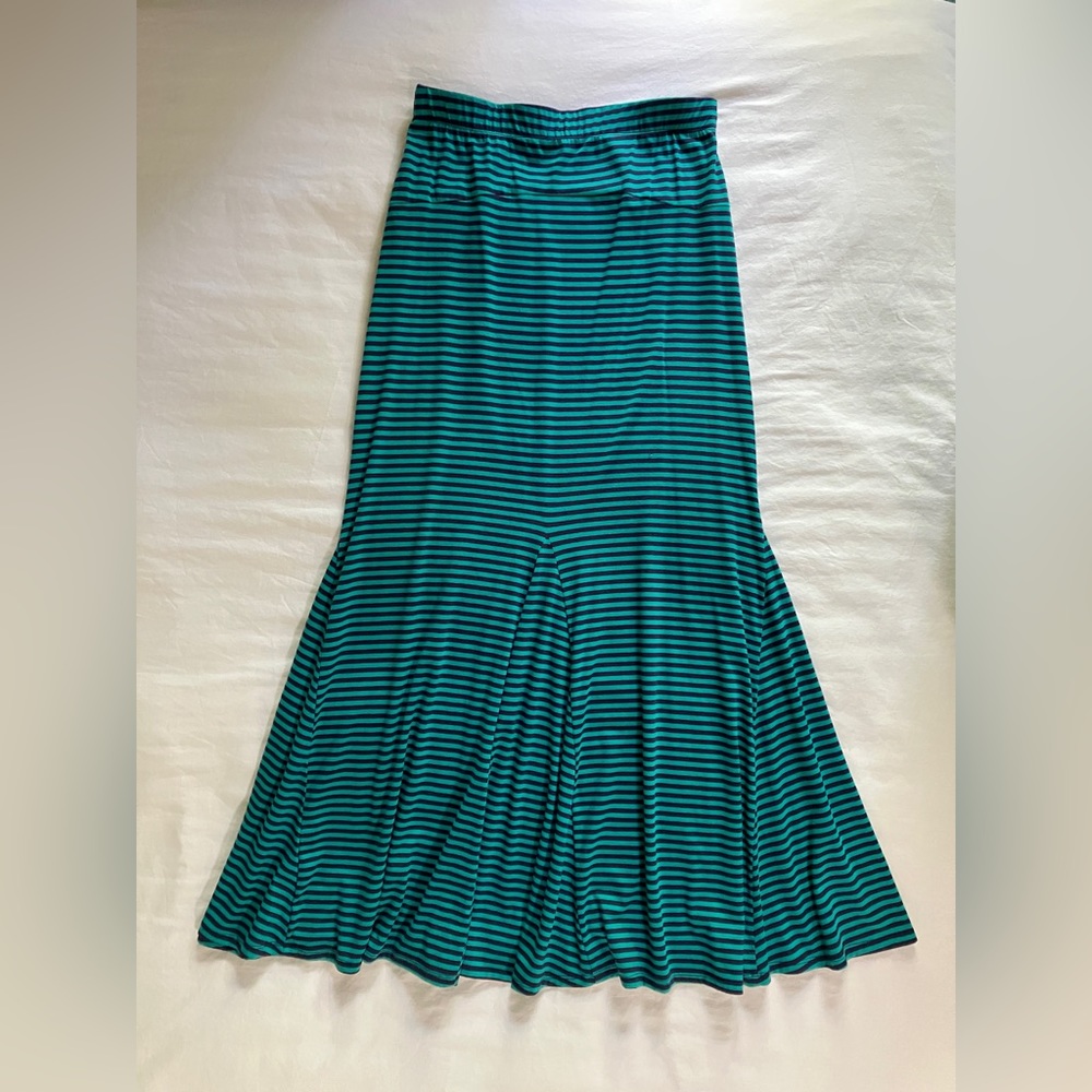 Blue/Green Striped Fluted/Flared Maxi Skirt with Elastic Waist